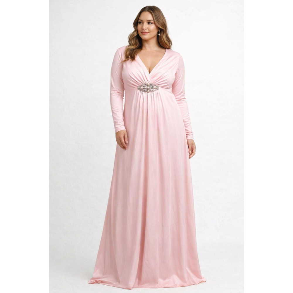Pink Satin Empire Waist Maxi Dress Rhinestone Brooch Long Sleeve Size